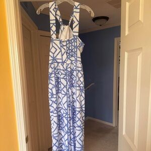 Size 6. Ladies. Vineyard Vines. Blue and White, Bamboo Lattice Halter Jumpsuit